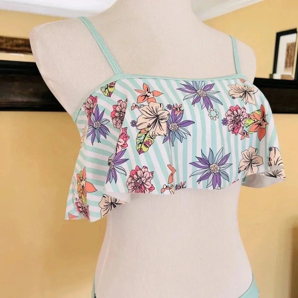 Limeapple Girls Ruffle Square Neck Bikini Swim Set Floral Stripe 16 EUC